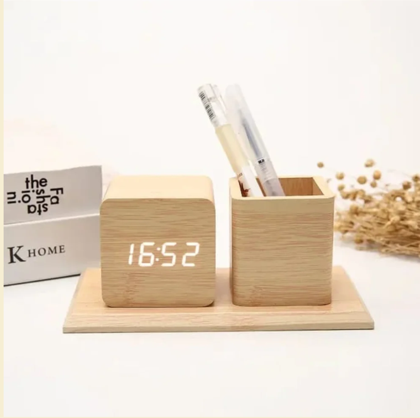 Digital LED Wooden Clock and Stationary Desk Organizer Set- Gem